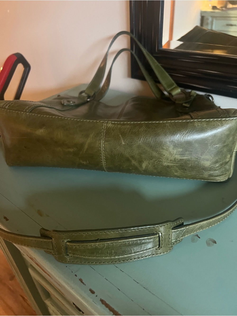 Frye Melissa Medium Crossbody Bag Green Distressed Leather Satchel Shoulder Bag - Picture 4 of 6